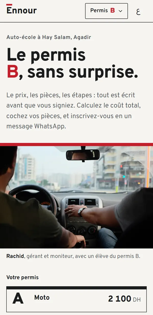 Accueil de la démo Auto-école Ennour sur téléphone