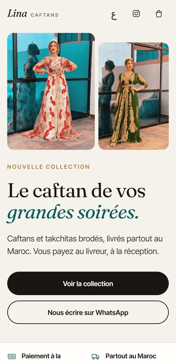 Accueil de la démo Lina Caftans sur téléphone