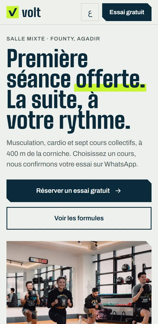 Accueil de la démo Volt Gym sur téléphone