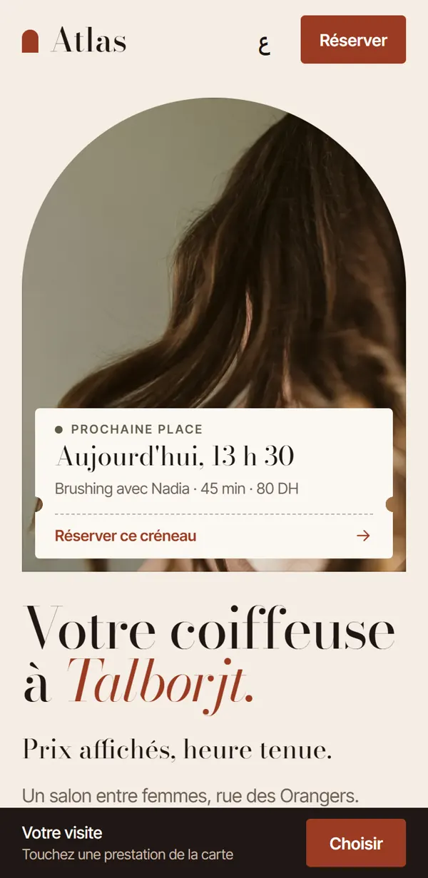 Accueil de la démo Atlas Coiffure sur téléphone